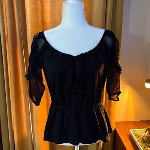 Bebe Black Peplum Top Sheer Lace 3/4 Sleeve Ruffle Scoop Neck Blouse Size Small